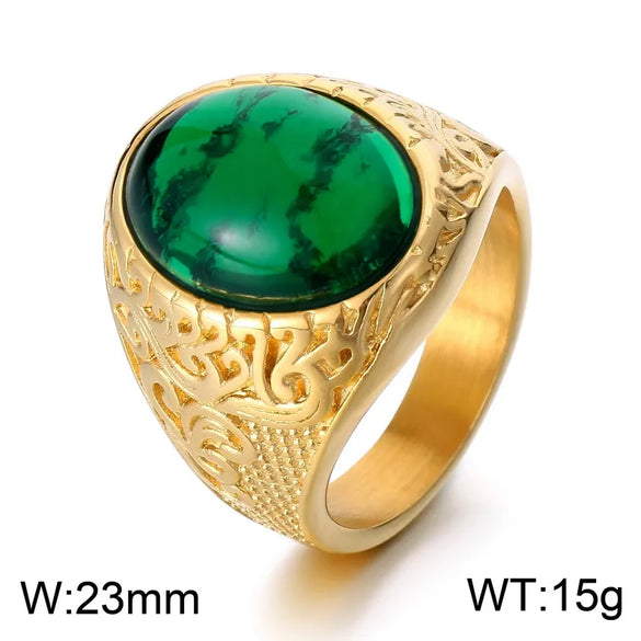 Wholesale Jewelry Hip-Hop Oval 304 Stainless Steel Natural Stone 18K Gold Plated Inlay Rings