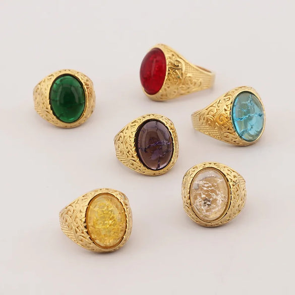 Wholesale Jewelry Hip-Hop Oval 304 Stainless Steel Natural Stone 18K Gold Plated Inlay Rings