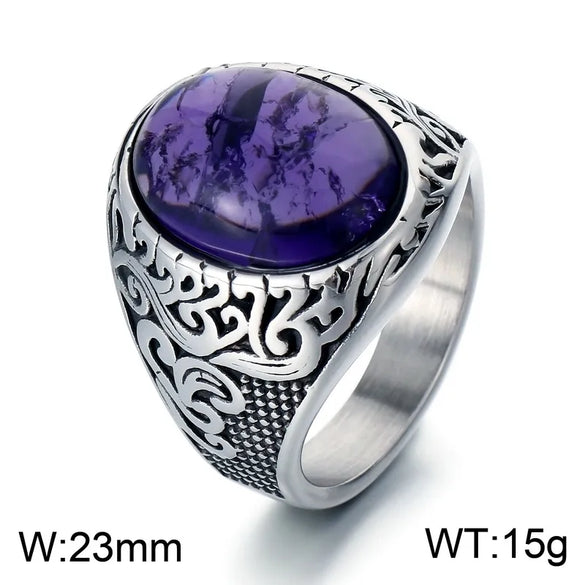 Wholesale Jewelry Hip-Hop Oval 304 Stainless Steel Natural Stone 18K Gold Plated Inlay Rings