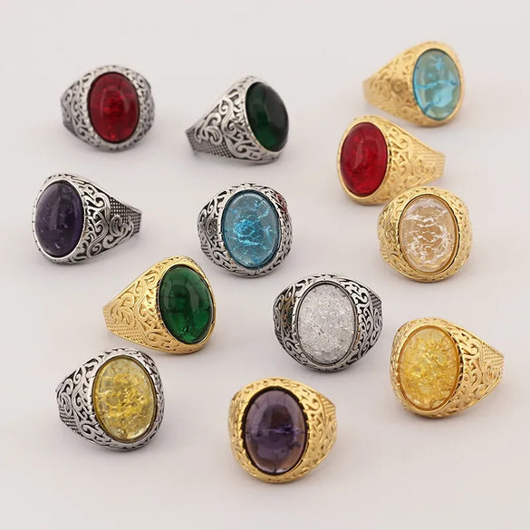 Wholesale Jewelry Hip-Hop Oval 304 Stainless Steel Natural Stone 18K Gold Plated Inlay Rings
