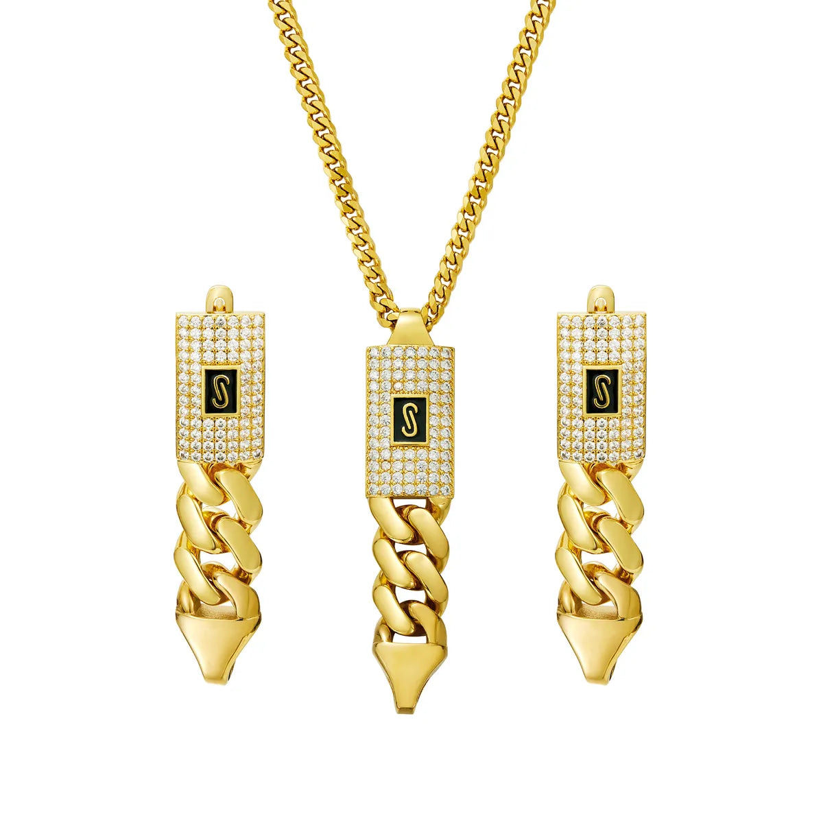 Wholesale Jewelry Hip-Hop Punk Geometric 304 Stainless Steel Zircon Polishing Inlay Earrings Necklace Jewelry Set