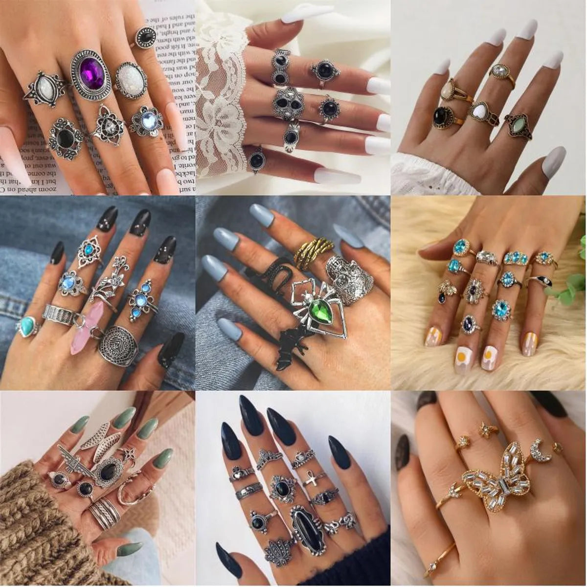 Wholesale Jewelry Hip-hop Retro Moon Flower Butterfly Alloy Artificial Pearls Rhinestones Zircon 18k Gold Plated Gold Plated Silver Plated Plating Inlay Rings