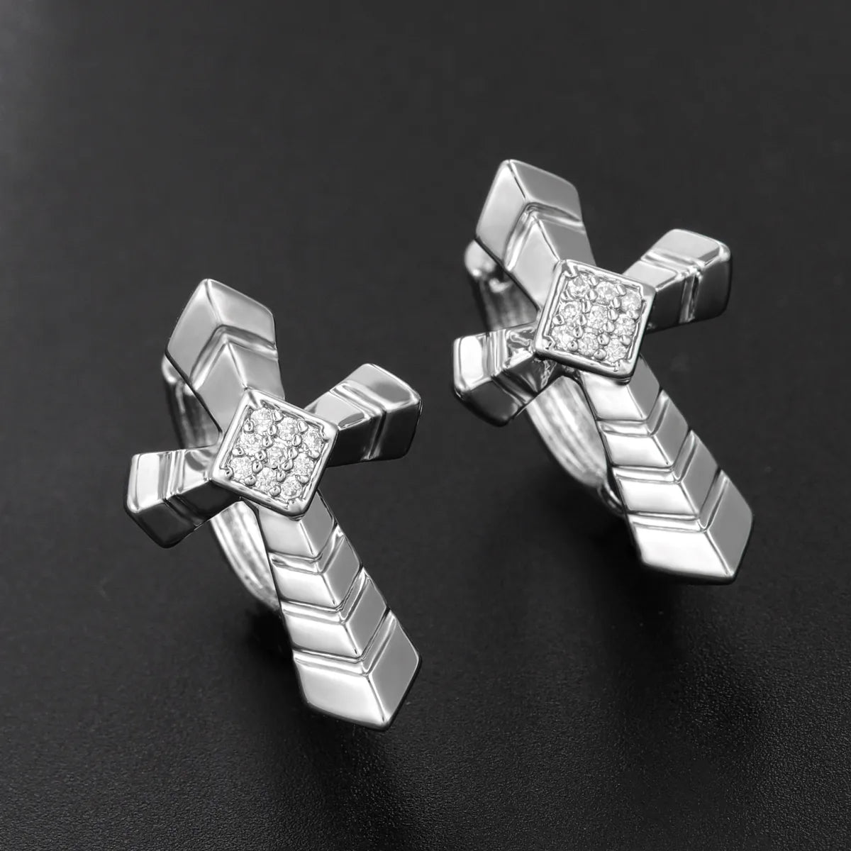 Wholesale Jewelry Hip-Hop Simple Style Cross 304 Stainless Steel Copper Zircon White Gold Plated Plating Inlay Jewelry Set