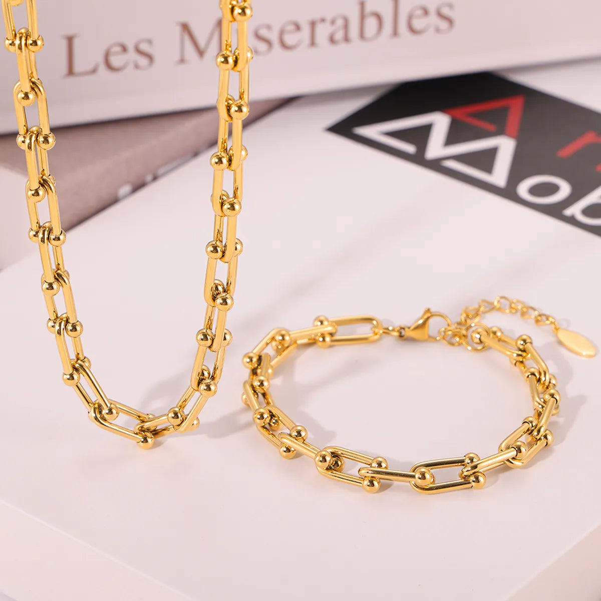 Wholesale Jewelry Hip-Hop Simple Style U Shape 304 Stainless Steel 18K Gold Plated Plating Bracelets Necklace Jewelry Set