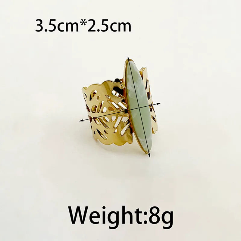 Wholesale Jewelry Hip-Hop Streetwear Oval 304 Stainless Steel Natural Stone 14K Gold Plated Plating Inlay Open Rings