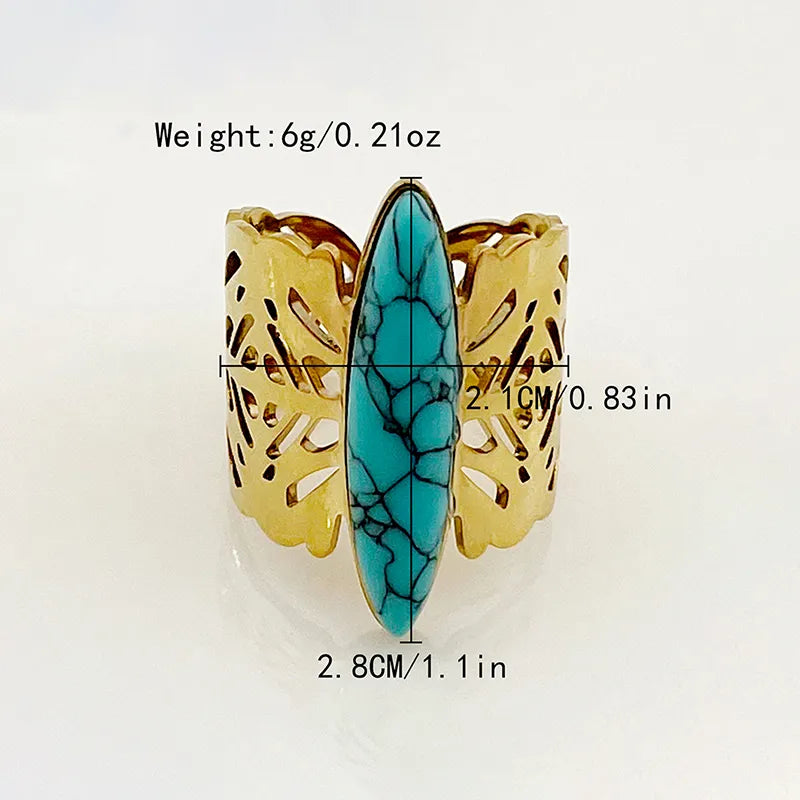 Wholesale Jewelry Hip-Hop Streetwear Oval 304 Stainless Steel Natural Stone 14K Gold Plated Plating Inlay Open Rings