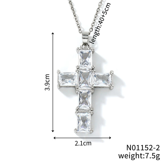 Wholesale Jewelry Hip Hop Style Copper Inlaid Zircon Cross Pendant Necklace With Stainless Steel O Shaped Chain And Electroplating Treatment