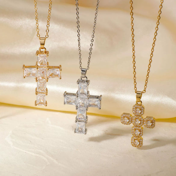 Wholesale Jewelry Hip Hop Style Copper Inlaid Zircon Cross Pendant Necklace With Stainless Steel O Shaped Chain And Electroplating Treatment