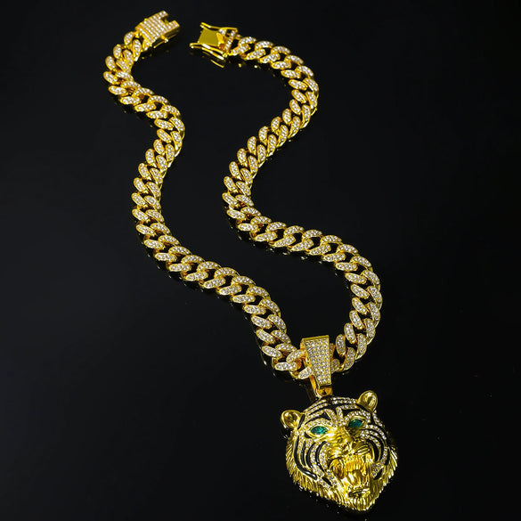 Wholesale Jewelry Hip Hop Style Zinc Alloy Lion Head Pendant Necklace With Full Diamond Design