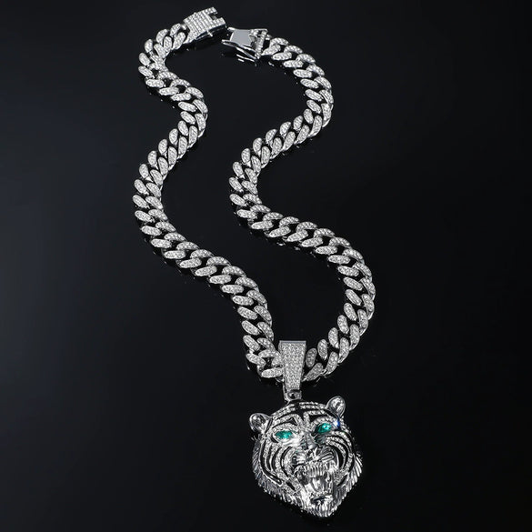 Wholesale Jewelry Hip Hop Style Zinc Alloy Lion Head Pendant Necklace With Full Diamond Design