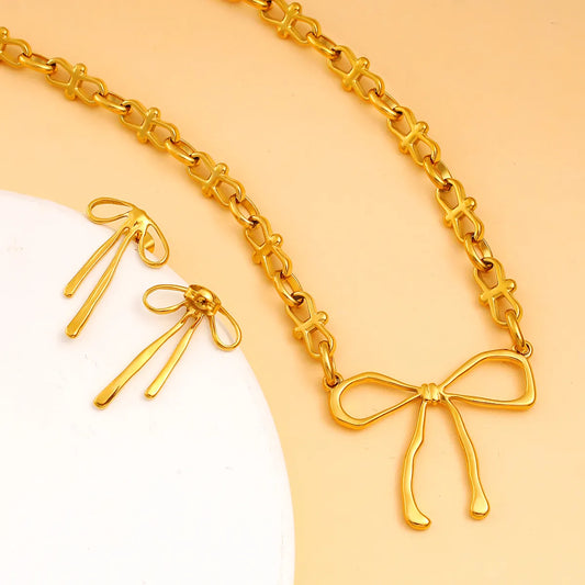 Wholesale Jewelry Hip-Hop Vintage Style Simple Style Bow Knot 304 Stainless Steel 18K Gold Plated Earrings Necklace