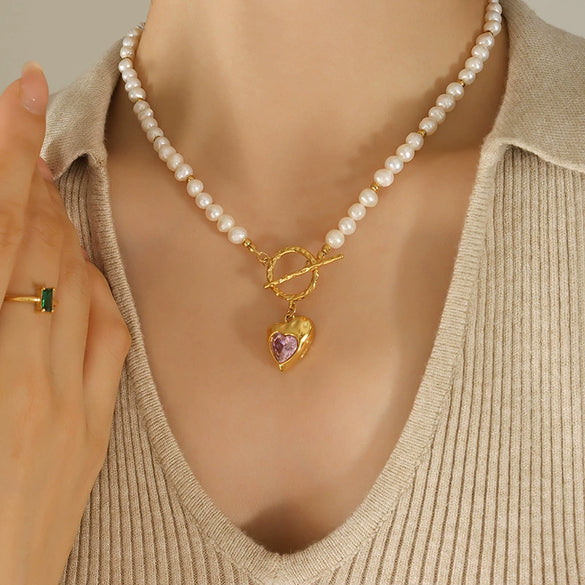 Wholesale Jewelry Hiphop Style Heart Zircon Pendant 316L Stainless Steel Electroplated On Natural Freshwater Pearl Chain For Women