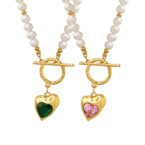 Wholesale Jewelry Hiphop Style Heart Zircon Pendant 316L Stainless Steel Electroplated On Natural Freshwater Pearl Chain For Women