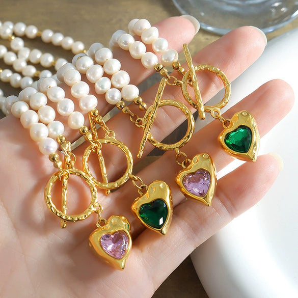 Wholesale Jewelry Hiphop Style Heart Zircon Pendant 316L Stainless Steel Electroplated On Natural Freshwater Pearl Chain For Women