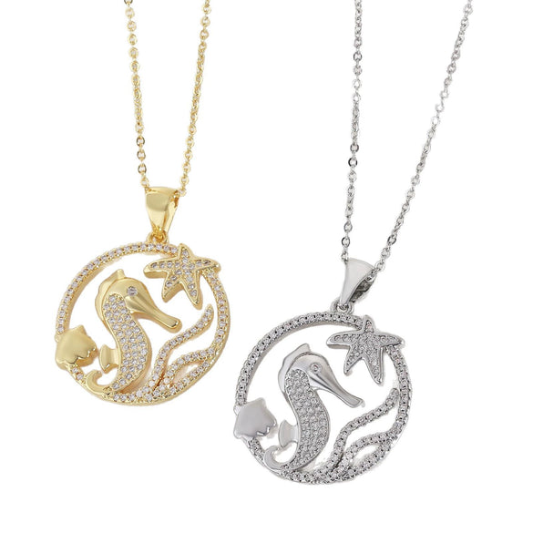 Wholesale Jewelry Hollow Round Ocean Series Copper Animal Zodiac Geometric Electroplated Pendant Necklace With O Word Chain