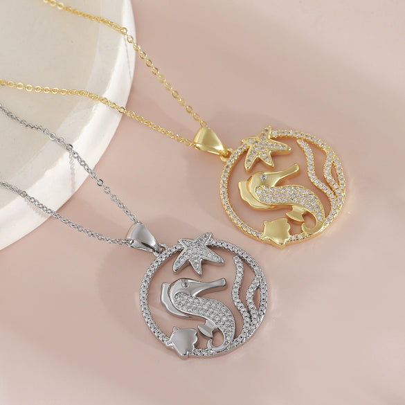 Wholesale Jewelry Hollow Round Ocean Series Copper Animal Zodiac Geometric Electroplated Pendant Necklace With O Word Chain