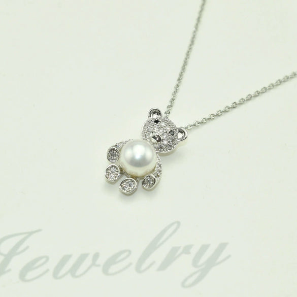 Wholesale Jewelry Hug Bear Pendant Necklace 925 Silver Copper Plated Real Gold With Freshwater Pearl Inlay