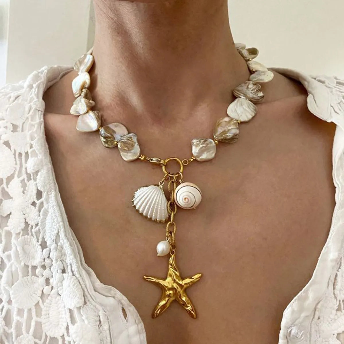 Wholesale Jewelry IG Style Beach Starfish Shell 304 Stainless Steel 18K Gold Plated Pearl Pendant Necklace