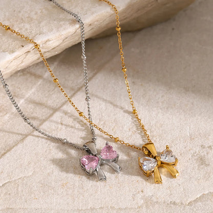 Wholesale Jewelry IG Style Bow Knot 304 Stainless Steel Zircon 18K Gold Plated Inlay Pendant Necklace