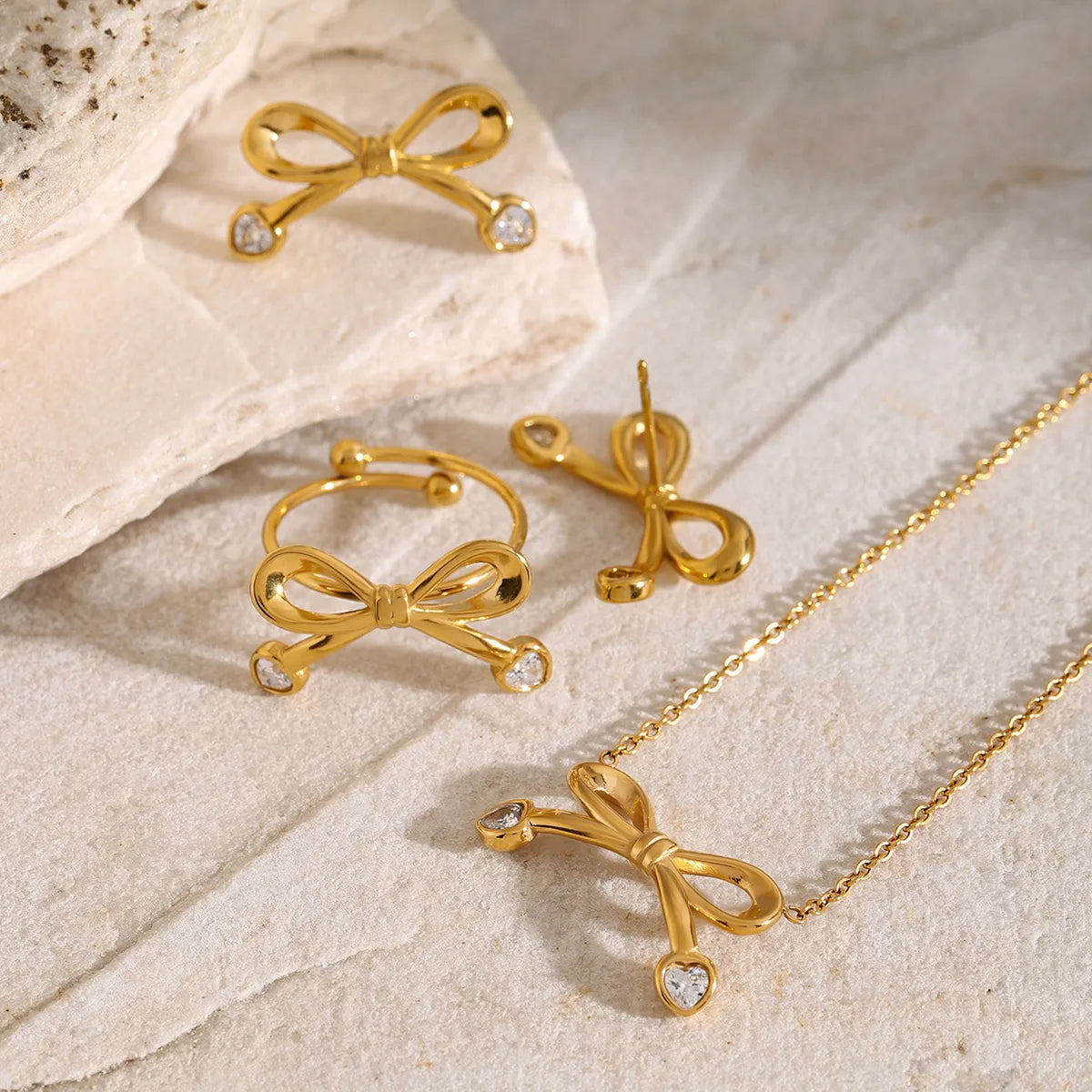 Wholesale Jewelry IG Style Bow Knot 304 Stainless Steel Zircon 18K Gold Plated Inlay Rings Earrings Necklace