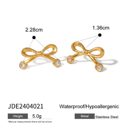 Wholesale Jewelry IG Style Bow Knot 304 Stainless Steel Zircon 18K Gold Plated Inlay Rings Earrings Necklace