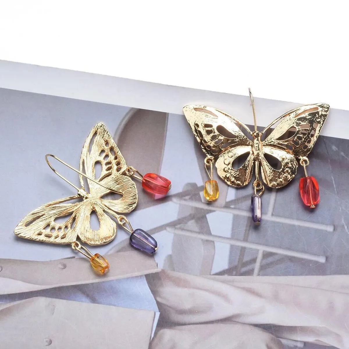 Wholesale Jewelry Ig Style Butterfly Alloy Gemstone Plating Hollow Out Drop Earrings