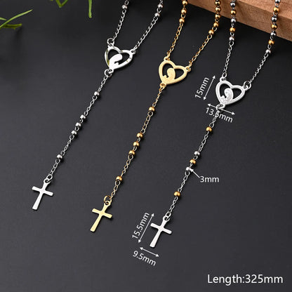 Wholesale Jewelry IG Style Casual Classical Cross Round Beads Virgin Mary 304 Stainless Steel 18K Gold Plated Handmade Polishing Plating Necklace