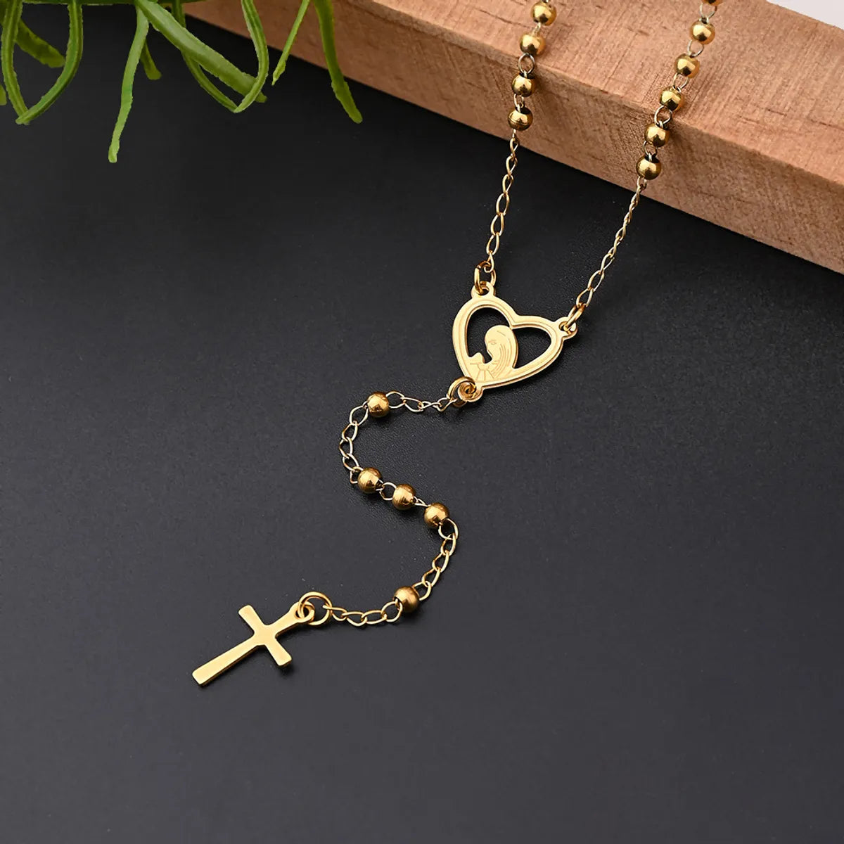 Wholesale Jewelry IG Style Casual Classical Cross Round Beads Virgin Mary 304 Stainless Steel 18K Gold Plated Handmade Polishing Plating Necklace