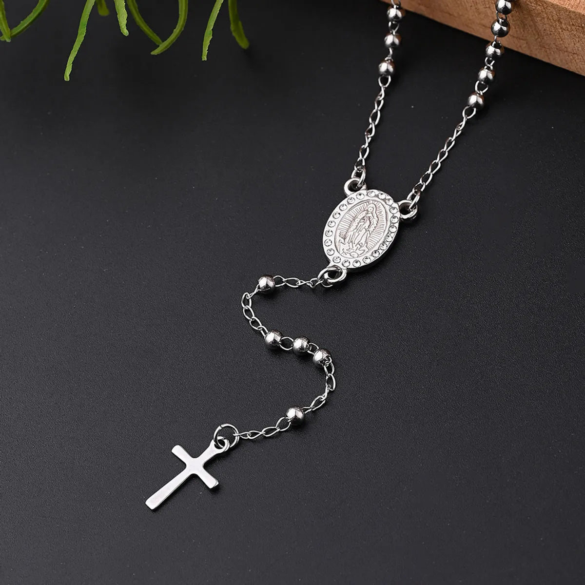 Wholesale Jewelry IG Style Casual Classical Cross Round Beads Virgin Mary 304 Stainless Steel Rhinestones 18K Gold Plated Handmade Plating Inlay Necklace