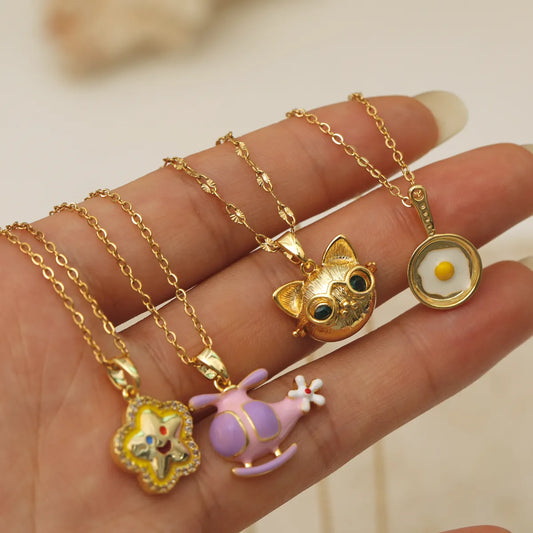 Wholesale Jewelry IG Style Casual Commute Star Cat Titanium Steel Zircon 18K Gold Plated Enamel Inlay Pendant Necklace