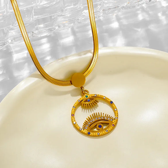 Wholesale Jewelry IG Style Casual Devil'S Eye 304 Stainless Steel Zircon 18K Gold Plated Hollow Out Inlay Pendant Necklace