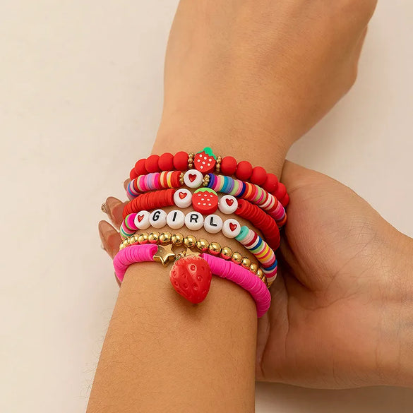 Wholesale Jewelry IG Style Casual Letter Heart Shape Strawberry CCB Soft Clay Beaded Knitting Bracelets