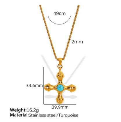 Wholesale Jewelry IG Style Casual Retro Cross 304 Stainless Steel Turquoise Tiger Eye 18K Gold Plated Polishing Plating Inlay Pendant Necklace