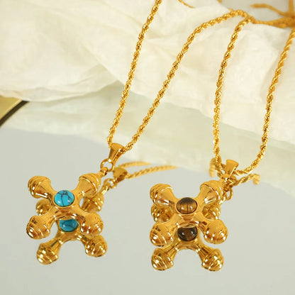 Wholesale Jewelry IG Style Casual Retro Cross 304 Stainless Steel Turquoise Tiger Eye 18K Gold Plated Polishing Plating Inlay Pendant Necklace