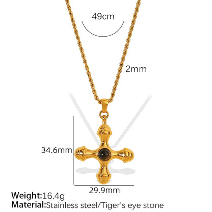 Wholesale Jewelry IG Style Casual Retro Cross 304 Stainless Steel Turquoise Tiger Eye 18K Gold Plated Polishing Plating Inlay Pendant Necklace