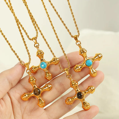 Wholesale Jewelry IG Style Casual Retro Cross 304 Stainless Steel Turquoise Tiger Eye 18K Gold Plated Polishing Plating Inlay Pendant Necklace