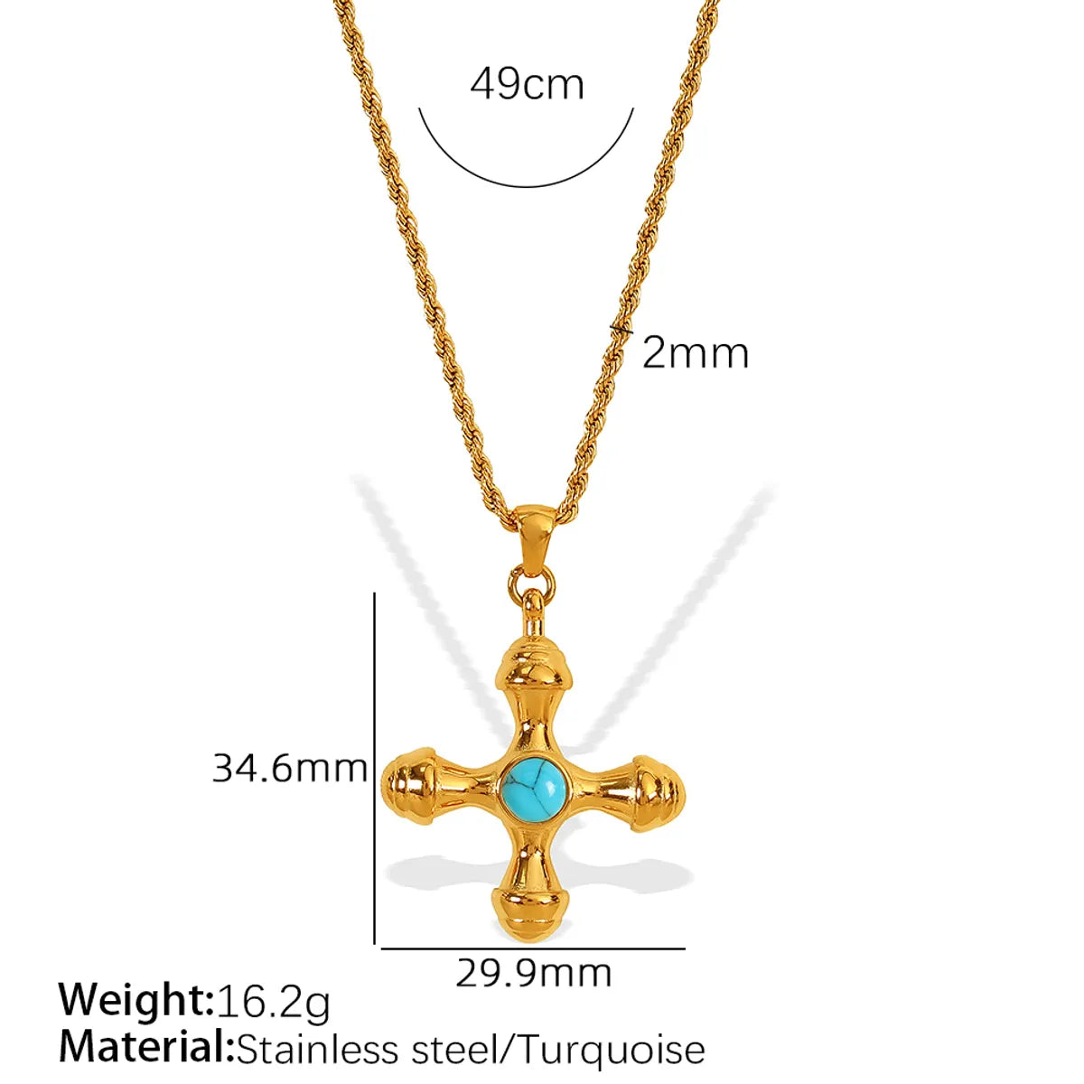 Wholesale Jewelry IG Style Casual Retro Cross 304 Stainless Steel Turquoise Tiger Eye 18K Gold Plated Polishing Plating Inlay Pendant Necklace