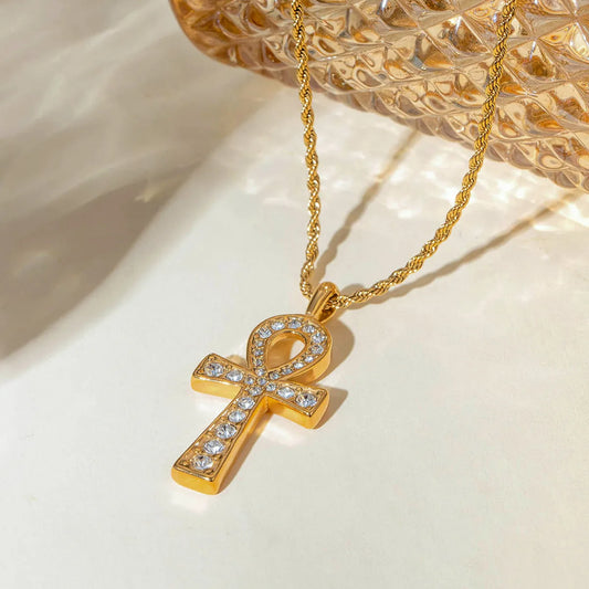 Wholesale Jewelry IG Style Cross 304 Stainless Steel Rhinestones 18K Gold Plated Inlay Pendant Necklace