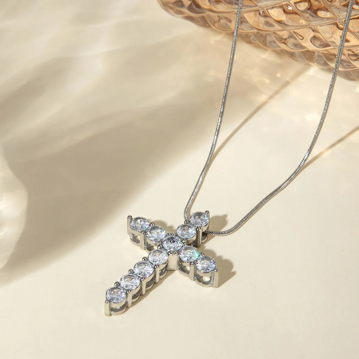 Wholesale Jewelry IG Style Cross 304 Stainless Steel Zircon Inlay Pendant Necklace