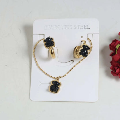 Wholesale Jewelry IG Style Cute Bear 304 Stainless Steel Artificial Gemstones 18K Gold Plated Inlay Jewelry Set