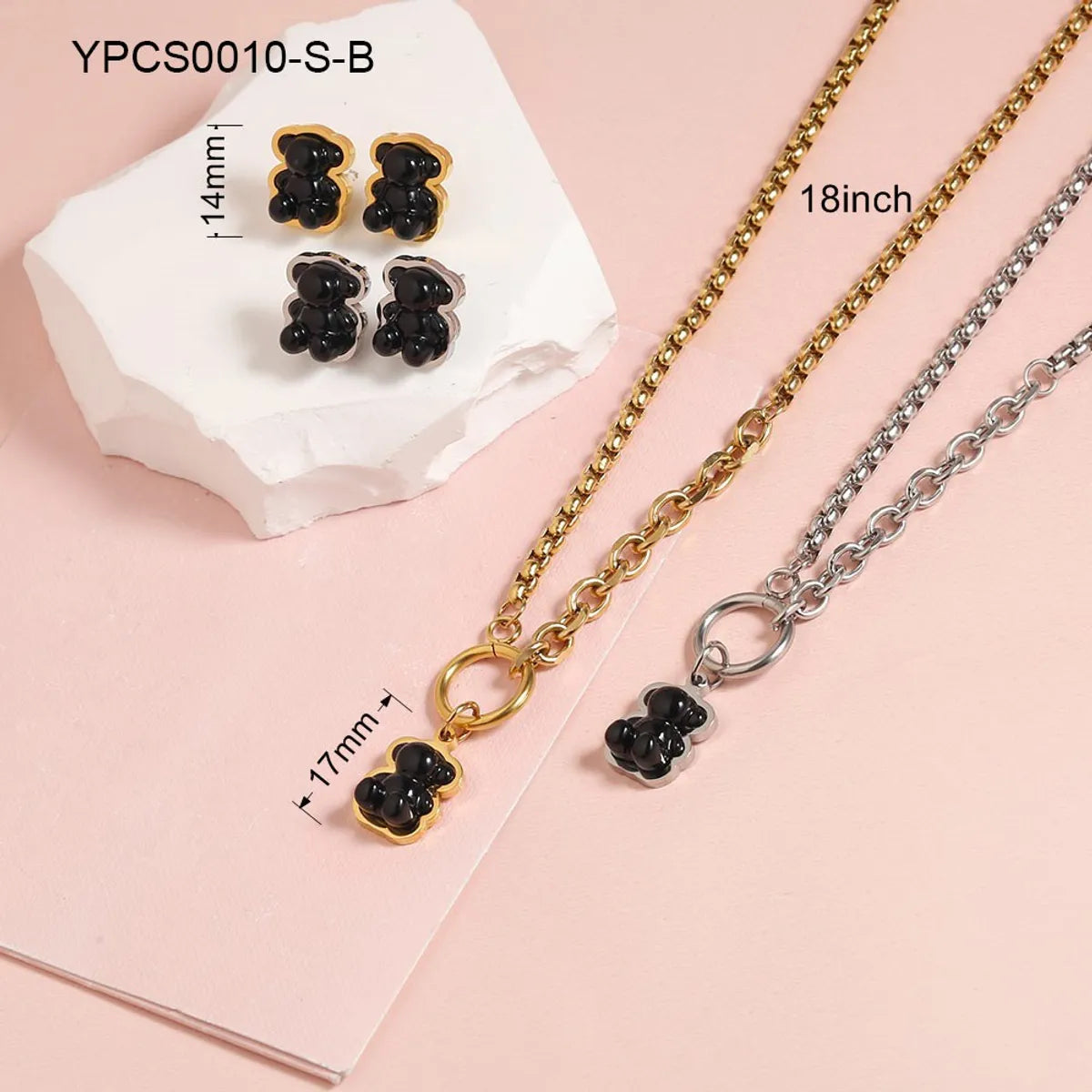 Wholesale Jewelry IG Style Cute Bear 304 Stainless Steel Artificial Gemstones 18K Gold Plated Inlay Jewelry Set