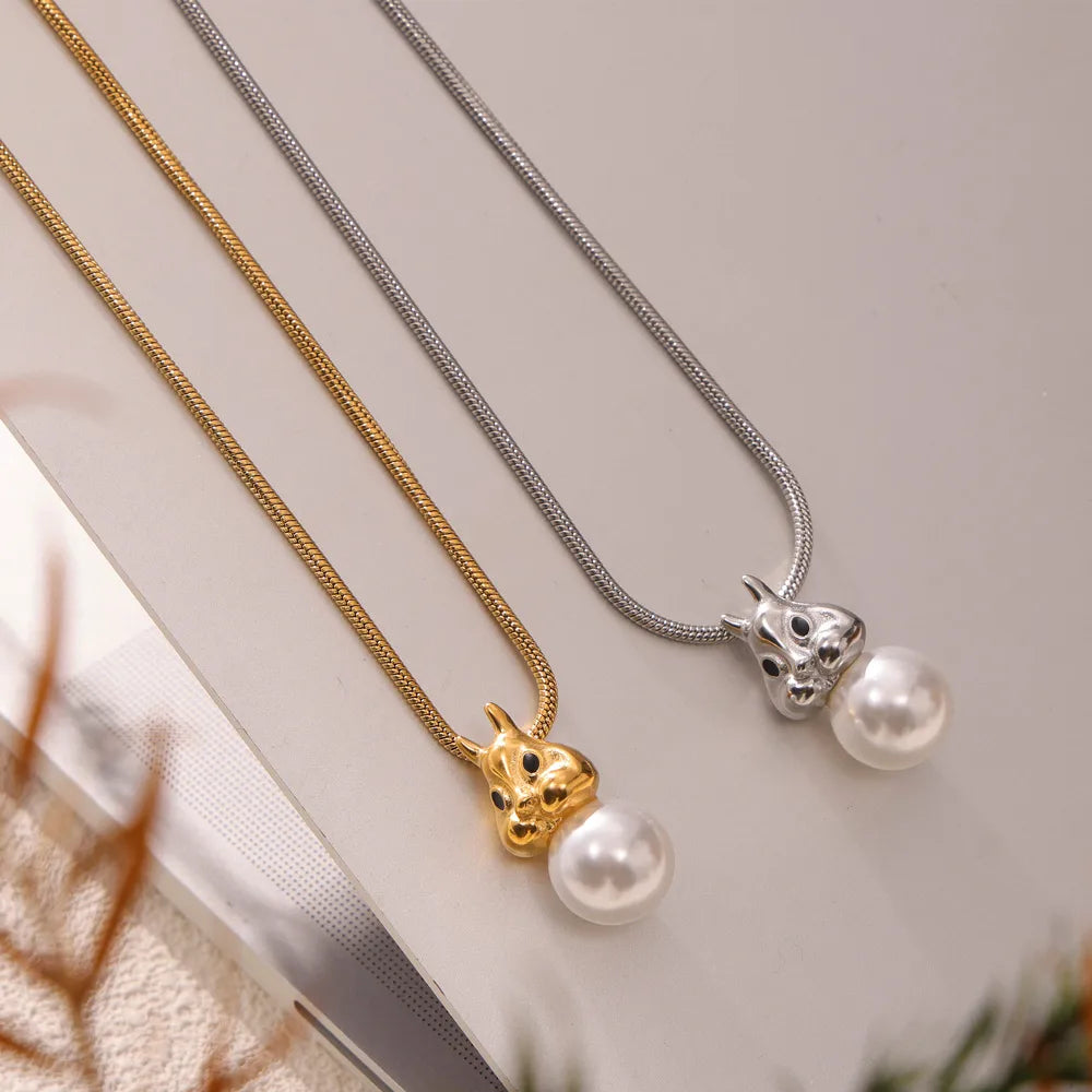 Wholesale Jewelry IG Style Cute Sweet Rabbit Round 304 Stainless Steel Artificial Pearls 18K Gold Plated Inlay Earrings Necklace