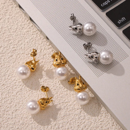 Wholesale Jewelry IG Style Cute Sweet Rabbit Round 304 Stainless Steel Artificial Pearls 18K Gold Plated Inlay Earrings Necklace