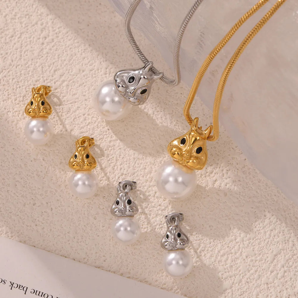 Wholesale Jewelry IG Style Cute Sweet Rabbit Round 304 Stainless Steel Artificial Pearls 18K Gold Plated Inlay Earrings Necklace