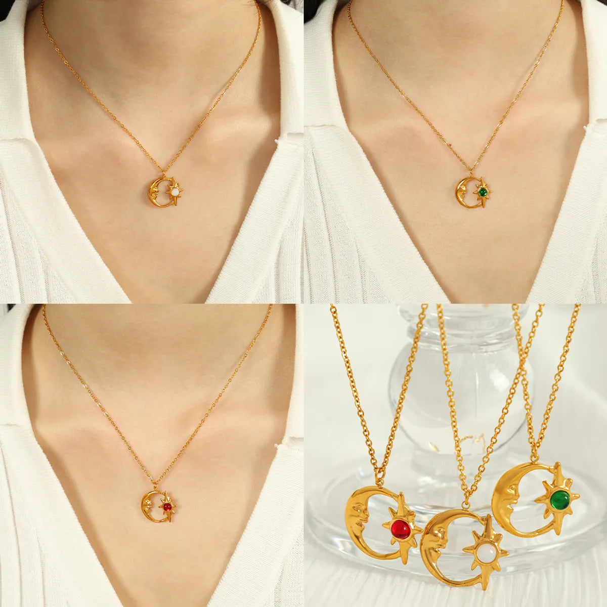 Wholesale Jewelry IG Style Elegant French Style Star Moon 304 Stainless Steel Opal Opal 18K Gold Plated Inlay Pendant Necklace