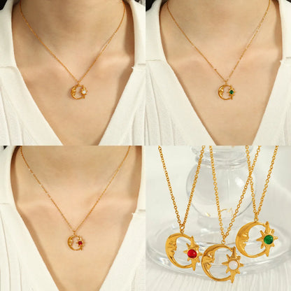 Wholesale Jewelry IG Style Elegant French Style Star Moon 304 Stainless Steel Opal Opal 18K Gold Plated Inlay Pendant Necklace