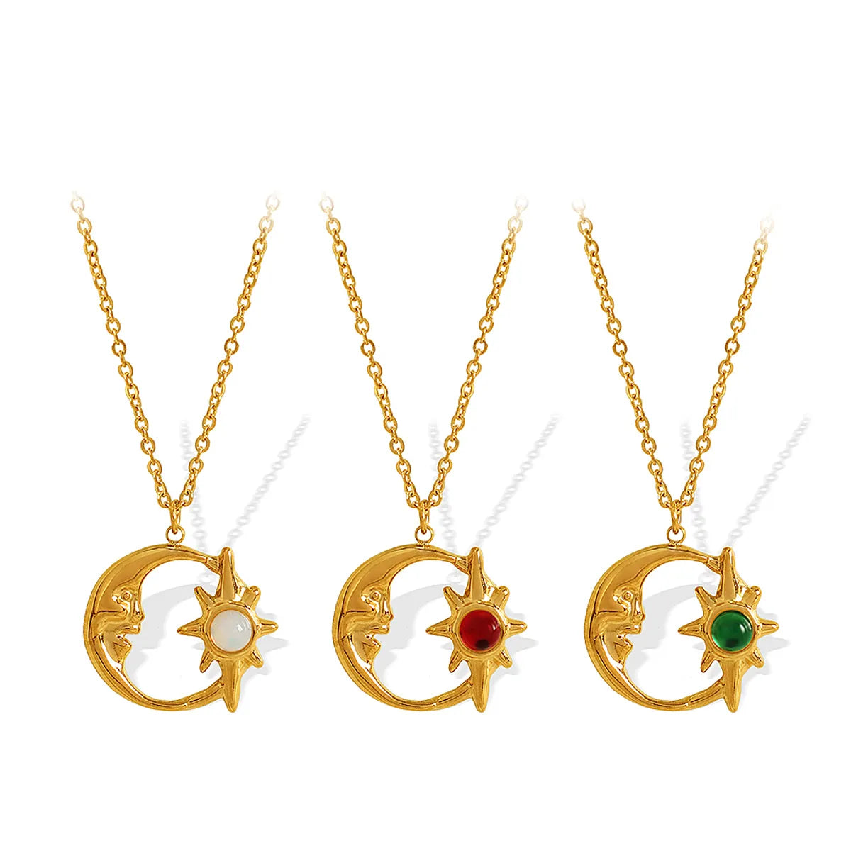 Wholesale Jewelry IG Style Elegant French Style Star Moon 304 Stainless Steel Opal Opal 18K Gold Plated Inlay Pendant Necklace