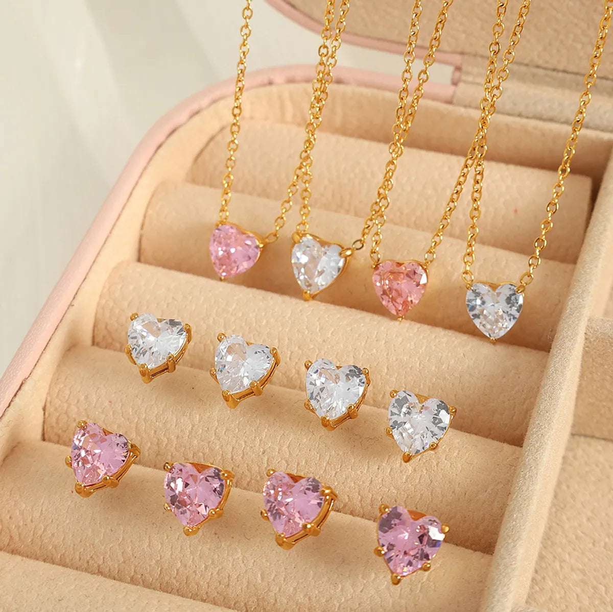 Wholesale Jewelry IG Style Elegant Romantic Heart Shape 304 Stainless Steel Zircon 18K Gold Plated Polishing Inlay Earrings Necklace