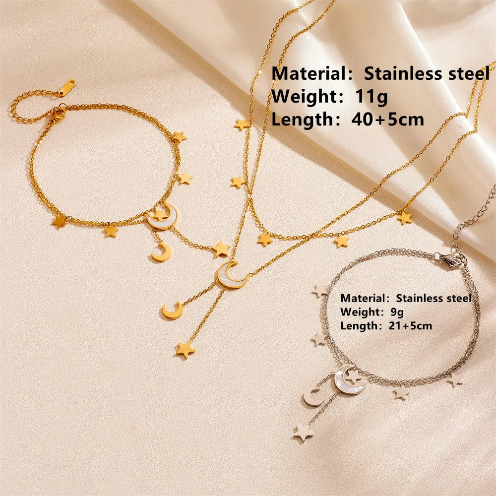 Wholesale Jewelry IG Style Elegant Simple Style Star Moon Titanium Steel Acrylic Shell 18K Gold Plated Inlay Anklet Necklace