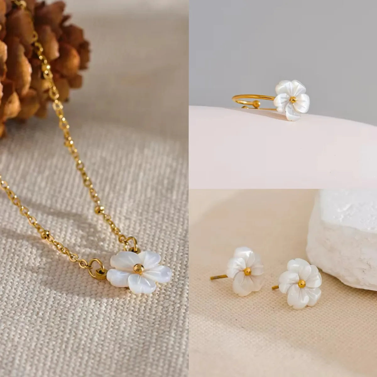 Wholesale Jewelry IG Style Elegant Sweet Flower 304 Stainless Steel Shell 18K Gold Plated Inlay Rings Earrings Necklace